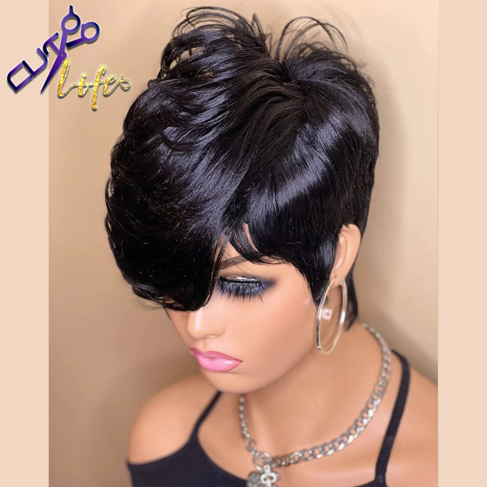 Beauty Short Bob Wavy Wig With Bangs Full Machine No Lace Wigs For Women Brazilian Cheap Remy Straight Human Hair Pixie Cut Wig - Image 6